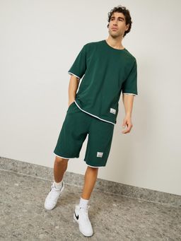 Styli - Oversized Contrast Trim Terry Green T-Shirt & Shorts Co-Ords (Set of 2)