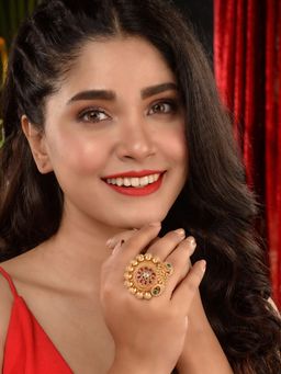 Saraf RS Jewellery - Gold Plated Red Kemp Embellished Peacock Statement Finger Ring