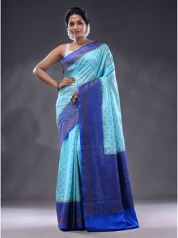 CHARUKRITI - Sky Blue Dupion Silk Handwoven Saree With Unstitched Blouse