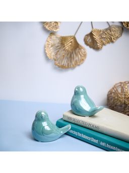 Voncasa - Decorative Set Of 2 Ceramic Sky Blue color Bird Design Pattern