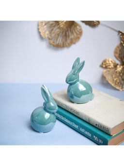 Voncasa - Decorative Set Of 2 Ceramic Sky Blue color Rabbit Design Pattern