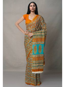 Unnati Silks - Brown Pure Block Printed Cotton Saree with Unstitched Blouse
