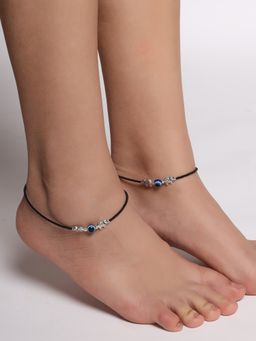 VIRAASI - Silver Plated Black Beads Elephant Design Charm Evil Eye Anklets Pair