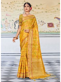 Sangam Prints - Yellow Zari Woven Work Traditional Tassel Saree with Unstitched Blouse