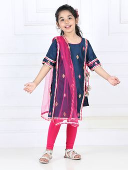 Kinder Kids - Blue Embroidered Lace Work Kurti With Pink Leggings & Dupatta (Set of 3)
