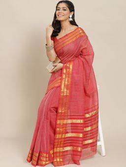 ISHIN - Womens Cotton Blend Red Striped Woven Design Saree with Unstitched Blouse