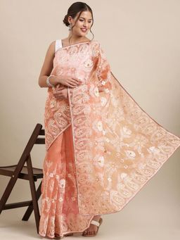 Vastranand - Peach-Coloured & White Woven Design Chikankari Organza Saree with Unstitched Blouse
