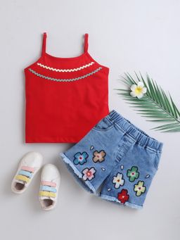 Bright Star Kids Wear - Girls Spaghetti Strap Top With Denim Shorts