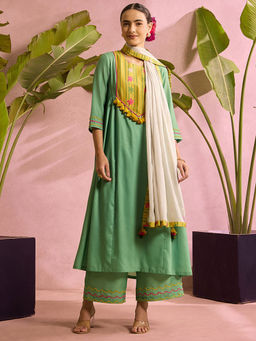 Label Hans - Green Emerald Grace Embroidered Kurta with Palazzo and Dupatta