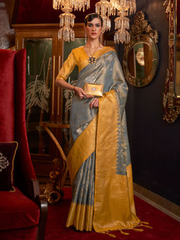 Odette - Festive Grey Silk Blend Woven Saree with Unstitched Blouse