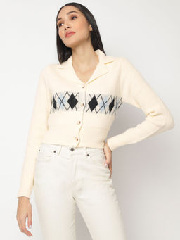 Missguided - Cream Argyle Button Front Knit Crop Cardigan