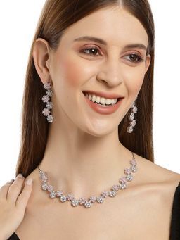 Karatcart - Silver Tone Pink Floral AD Necklace Set for Women (Set of 2)