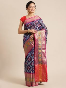 Banarasi Silk Works - Royal Blue & Magenta Kanchipattu Border Saree with Unstitched Blouse