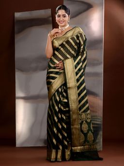 CHARUKRITI - Forest Green Organza Zari Handwoven Saree with Unstitched Blouse