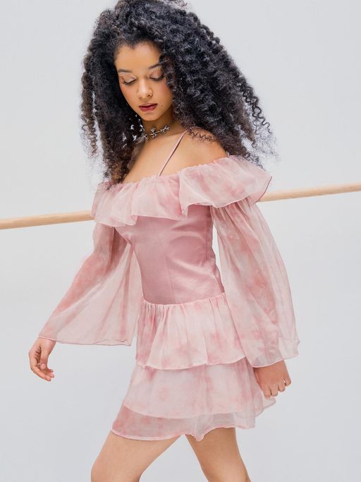 Buy Cider Pink Chiffon Off-Shoulder Tiered Mini Dress (XXS) Online