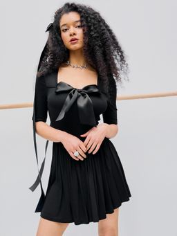 Cider - Black Round Neck Bowknot Ruffle Hem Mini Dress