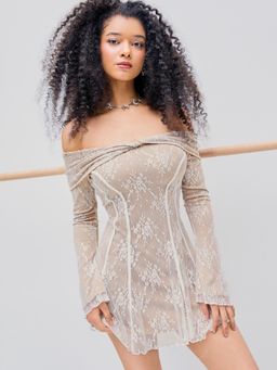 Cider - Beige Lace Off-Shoulder Floral Mini Dress