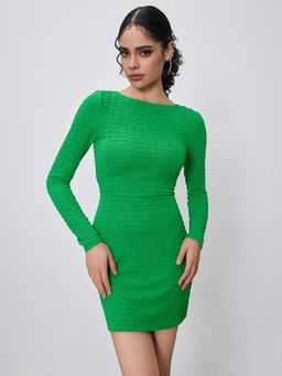 Cider - Green Round Neck Backless Solid Mini Dress