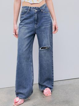 Cider - Blue Denim Mid Rise Ripped Straight Leg Jeans