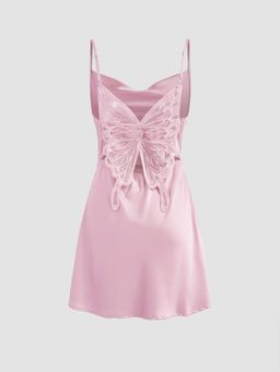 Cider - Pink Satin Cowl Neck Ruched Butterfly Mini Dress