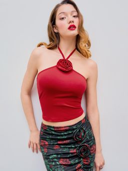 Cider - Red Halter Rosette Cami Tank Crop Top