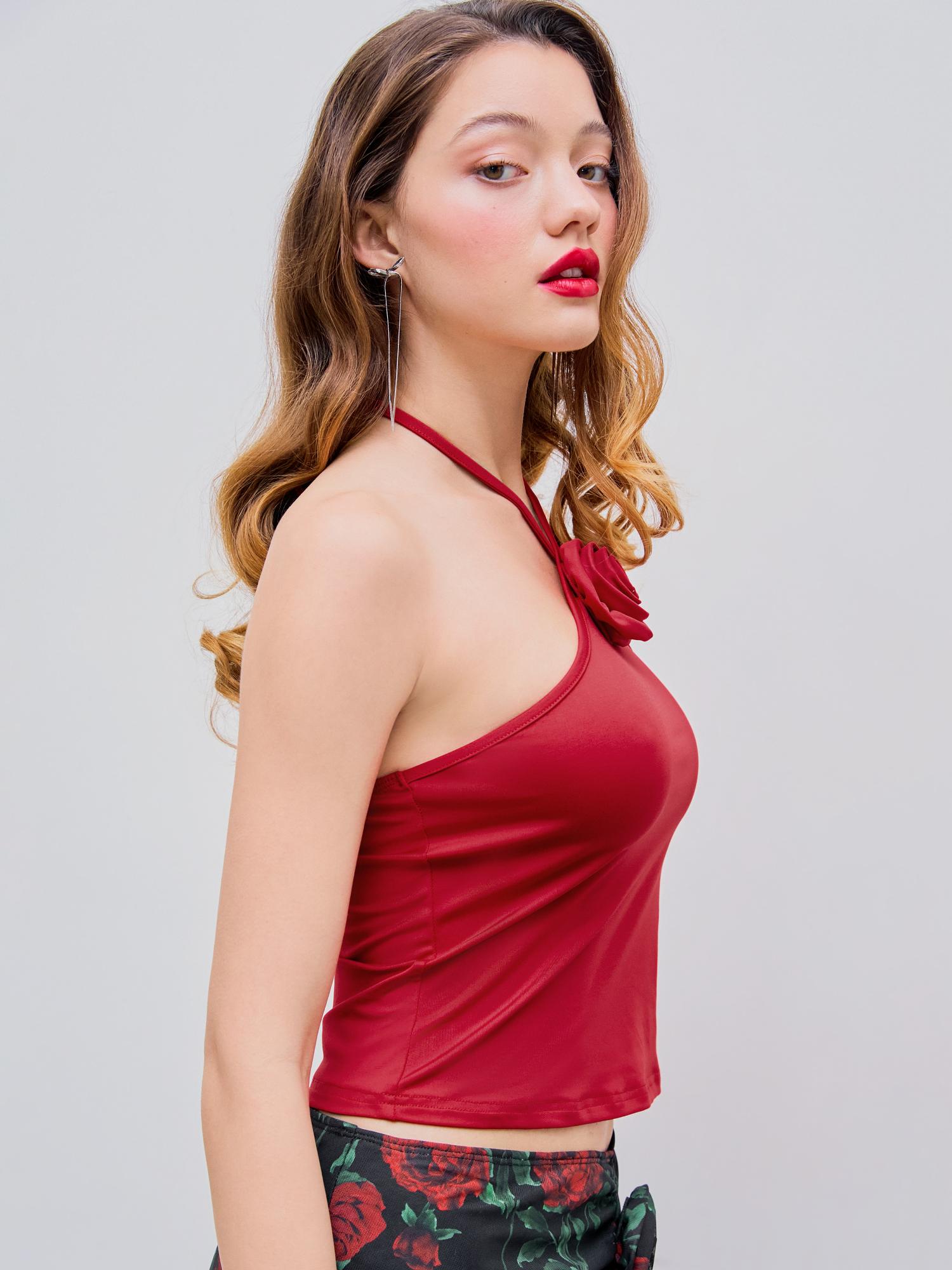 Buy Cider Red Halter Rosette Cami Tank Crop Top (XXS) Online