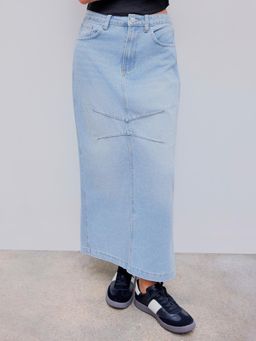Cider - Blue Denim Mid Rise Pocket Split Maxi Skirt