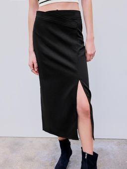 Cider - Black High Rise Split Zipper Midi Skirt
