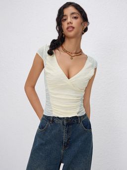 Cider - Beige Lace V-Neck Backless Short Sleeve Crop Top