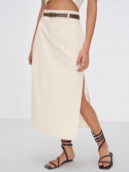 Cider - Beige French Riviera Vacation Linen Blend Mid Rise Solid Midi Skirt with Belt (Set of 2)