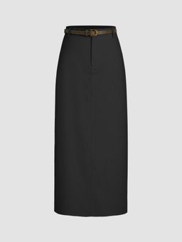 Cider - Black French Riviera Vacation Linen Blend Mid Rise Solid Midi Skirt with Belt (Set of 2)