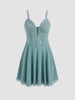 Cider - Green Chiffon Lace Ruffle Hem Mini Dress
