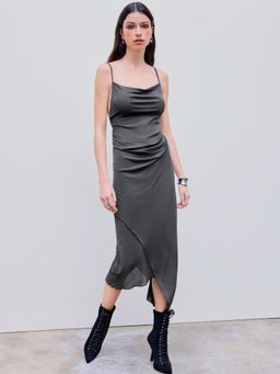 Cider - Grey Mesh Asymmetrical Hem Ruched Midi Dress