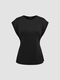 Cider - Black Round Neckline Split Short Sleeve Top