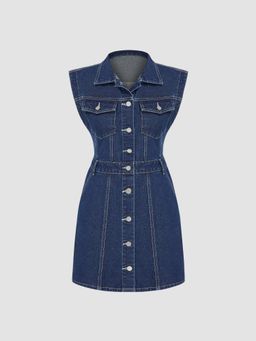 Cider - Blue Denim Pocket Button Mini Dress