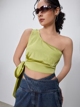 Cider - Green Satin Asymmetrical Neck Knotted Crop Top