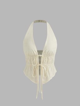 Cider - Beige Halter Neck Knotted Ruched Crop Top