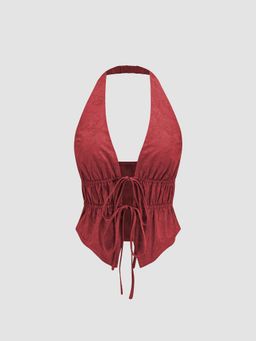 Cider - Wine Halter Neck Knotted Ruched Crop Top
