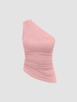 Cider - Pink Jersey Asymmetrical Neck Solid Top