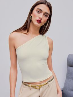 Cider - White Asymmetrical Neck Solid Crop Top