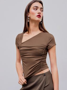 Cider - Brown Asymmetrical Neck Ruched Short Sleeve Crop Top