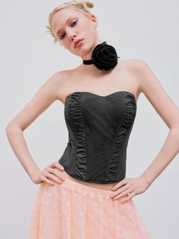 Cider - Black Woven Lace Patchy Ruched Zipper Tube Crop Top