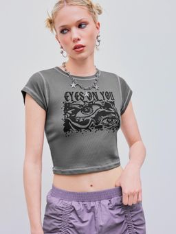 Cider - Grey Eyes On You Graphic Short Sleeve Crop Tee