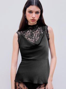 Cider - Black Satin Stand Collar Lace Crop Top