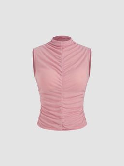 Cider - Pink High Neck Ruched Solid Top