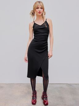 Cider - Black Ruched Asymmetrical Hem Split Midi Dress