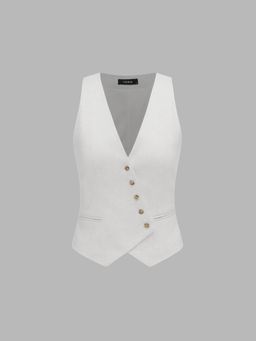 Cider - White French Riviera Vacation Linen Blend V-Neck Solid Button Waist Coat