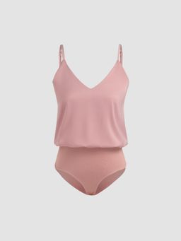 Cider - Pink Satin Shoulder Strap Neck Solid Bodysuit