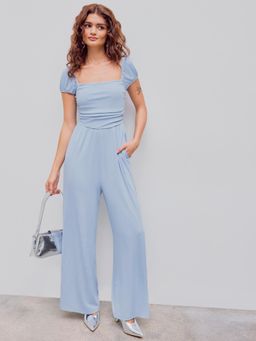 Cider - Blue Jersey Square Neck Ruched Pocket Jumpsuit