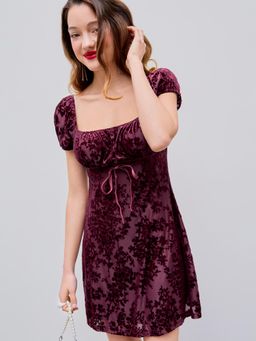 Cider - Wine Velvet Square Neck Floral Bowknot Mini Dress